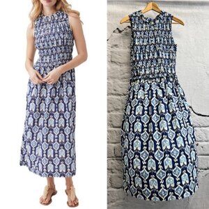 J. McLaughlin The Ciri Maxi Dress Blue Damask 100% Cotton Ruched Bodice Casual